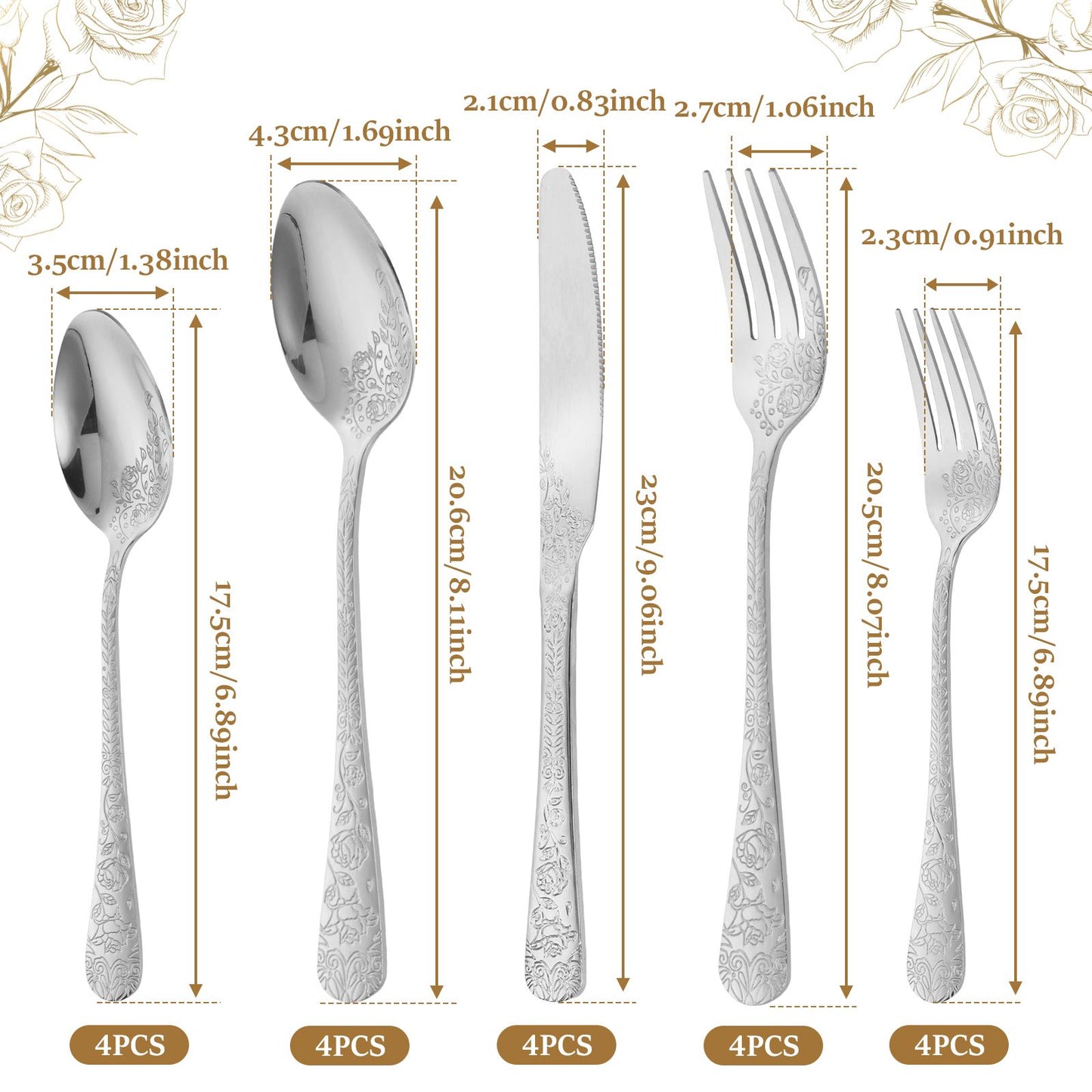 20/24 Peças Conjunto de Utensílios de Aço Inoxidável Conjunto de Talheres Florais Garfo Colher e Faca Kits de Utensílios de Cozinha para Restaurante