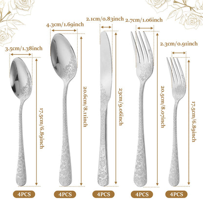 20/24 Peças Conjunto de Utensílios de Aço Inoxidável Conjunto de Talheres Florais Garfo Colher e Faca Kits de Utensílios de Cozinha para Restaurante