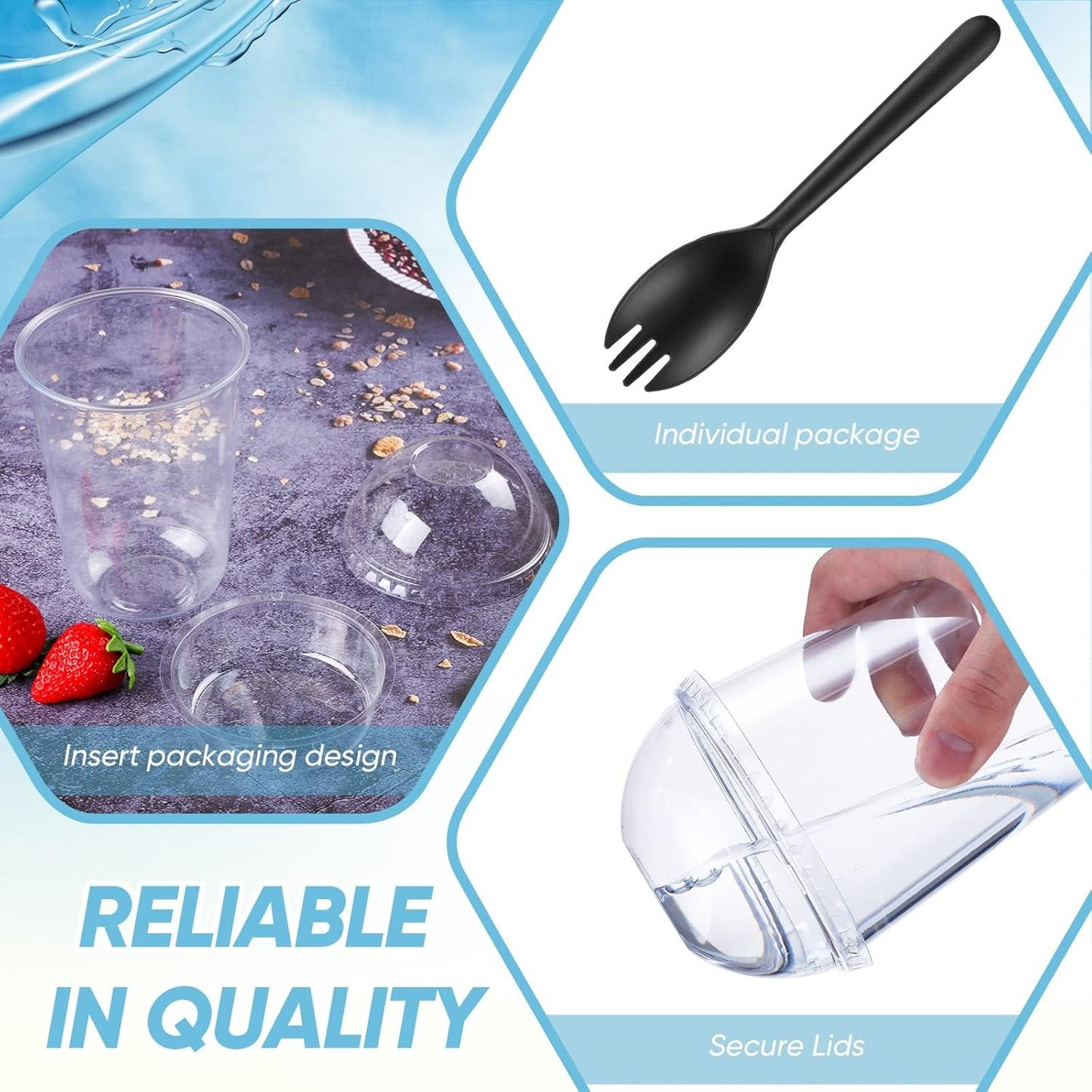 100 Conjuntos de Copos para Parfait de 470 ml com Tampas Cúpula - Copos de Plástico para Iogurte com Inserção sem Furo e Garfo/Colher - Copos Descartáveis para Sobremesa