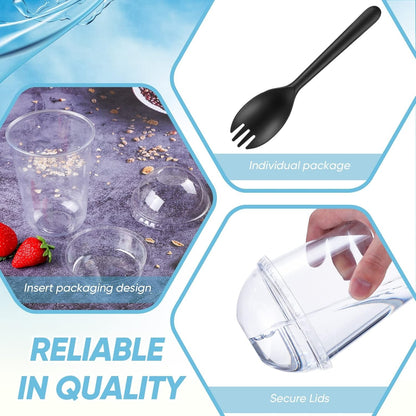 100 Conjuntos de Copos para Parfait de 470 ml com Tampas Cúpula - Copos de Plástico para Iogurte com Inserção sem Furo e Garfo/Colher - Copos Descartáveis para Sobremesa