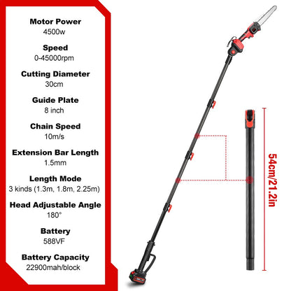 ONEVAN 4500W 2.25m Brushless High Branch Saw Telescoping Pole Electric Saw Cordless Garden Pruning Tool For ONEVAN 18V Battery