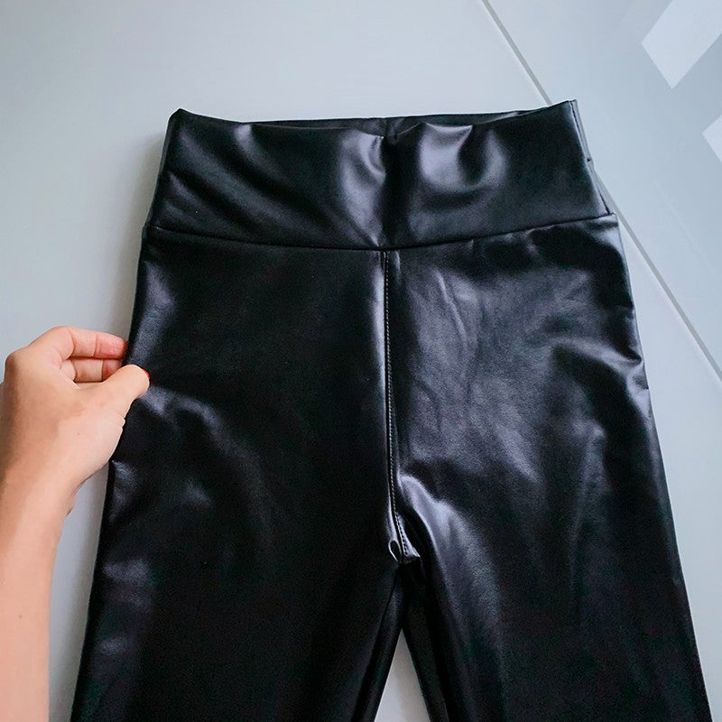 BIVIGAOS Fashion Women PU Leather Pants Elastic High Waist Winter Leggings Slim Velvet Leather Leggings Skinny Fleece Trousers