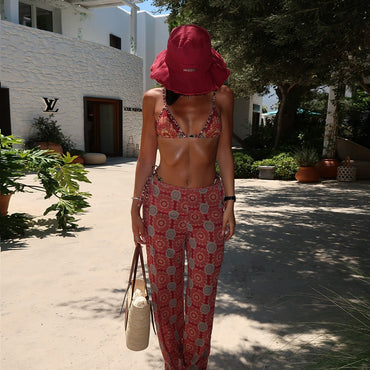 3 Pieces Micro Bikini 2025 Sexy Swimsuit Women  Swimwear Biquini Female Print Bodysuit Bathing Suits Sarong Long Pants