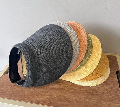 Chapéu de Sol Feminino USPOP de Verão com Aba Grande, Estilo Tiara de Ráfia, Casual e Aberto, para Praia