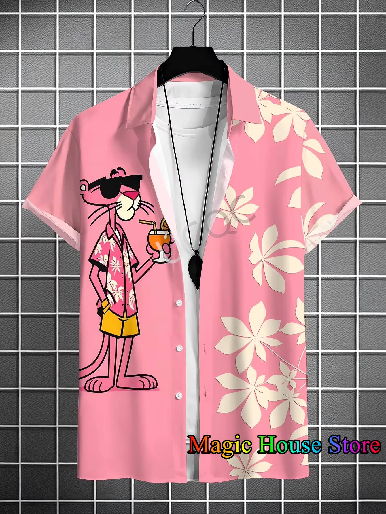 MINISO New Men's Lapel Short Sleeve Hawaiian Shirt Summer Pink Panther Print Hawaii Vacation Casual Fashion Kids/Adult ?Tops