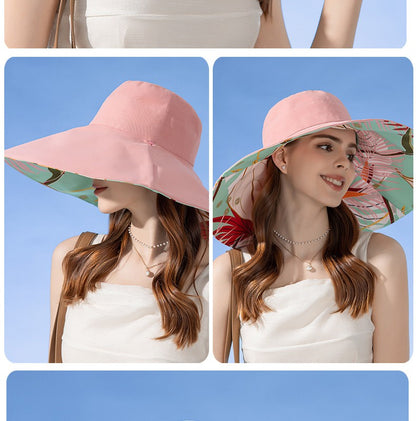 Chapéu Feminino de Verão Dupla Face com Aba Larga Proteção Solar Flor Praia Elegante Ao Ar Livre Protetor Solar Atacado Novo
