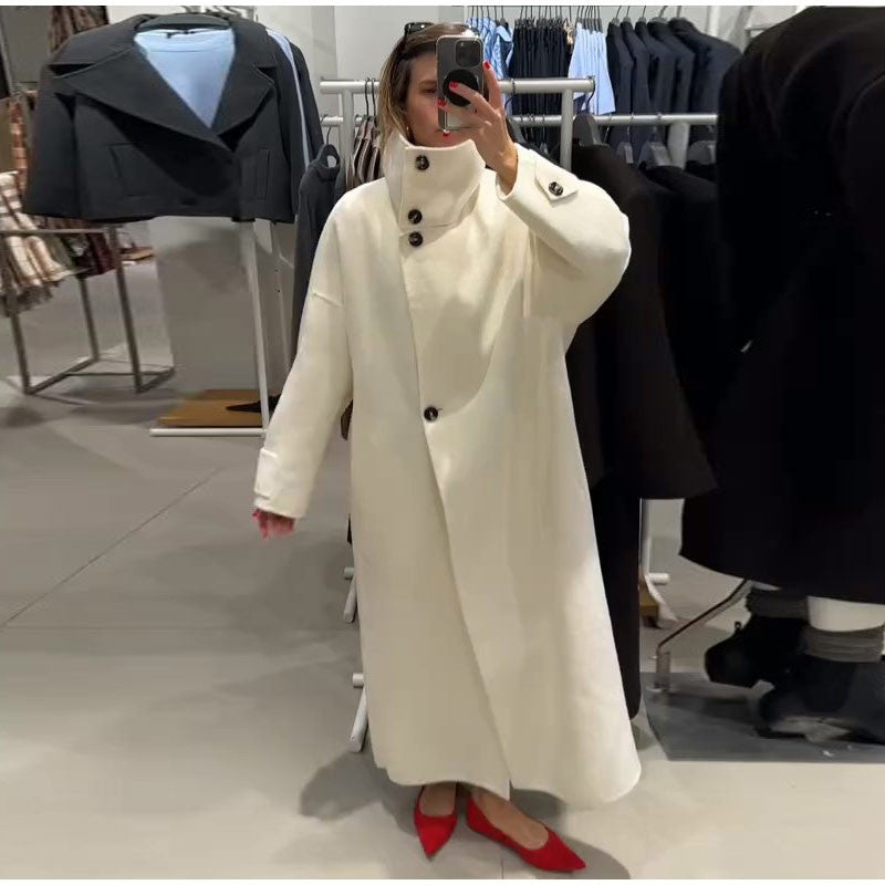 Elegant Stand Collar Long Coat Women Retro Chic Loose Single Breasted White Tweed Coats Lady 2025 Winter Casual Street Overcoats