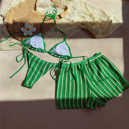 Orange Striped Swimwear Halter String Triangle Bikinis Sets 3 Pieces Bottoms Shorts Mini Micro Thong Sexy Swimsuit Woman 2025