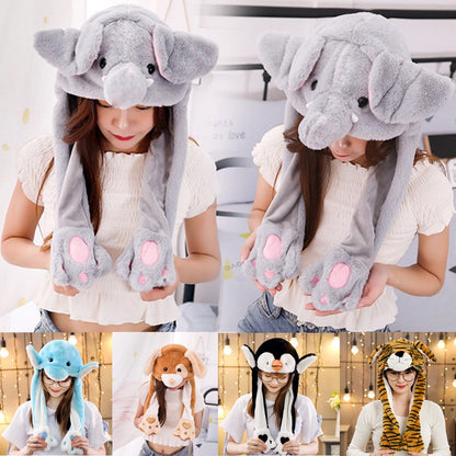 Women Girls Soft Warm Moving Jumping Rabbit Pinch Airbag Animals Ear Hat Funny Cap Plush