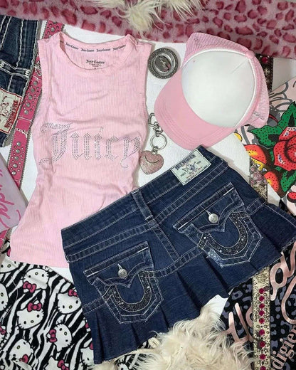 American Retro High Waisted Short Skirt Women Y2k Gothic Punk Embroidery Patchwork Denim Skirt Summer Spicy Girl Denim Skirt