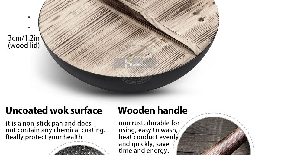 Panela Wok de Ferro Puro Konco, Panela de Ferro Fundido Antiaderente, Uso Geral para Fogão a Gás e Indução 32cm