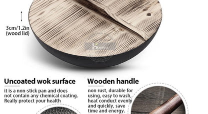 Panela Wok de Ferro Puro Konco, Panela de Ferro Fundido Antiaderente, Uso Geral para Fogão a Gás e Indução 32cm