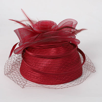 FS Casamento Igreja Chapéus Vermelhos Fascinadores Para Mulheres Com Véu de Pena Festa Coquetel Adorno de Cabeça 2025 Senhora Elegante Chapéu Kentucky Derby