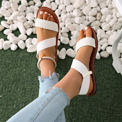 Summer Ladies Outdoor Sandals Fashion Round Headed Solid Color Weave Flat Shoes Casual Comfortable Women's Sandal