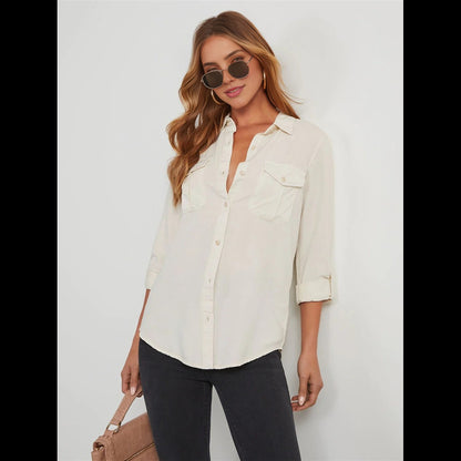 CGS-Women Double Pockets Spliced Decoration Denim Shirt Jacket Single-Breasted Lapel Casual Female Tops