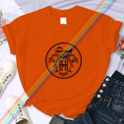 2025Luxury Brand High-Quality For Women's Summer Paris H Horse Printing T-shirt 100% Cotton Casual Oversized Y2k Sleeve O-neck