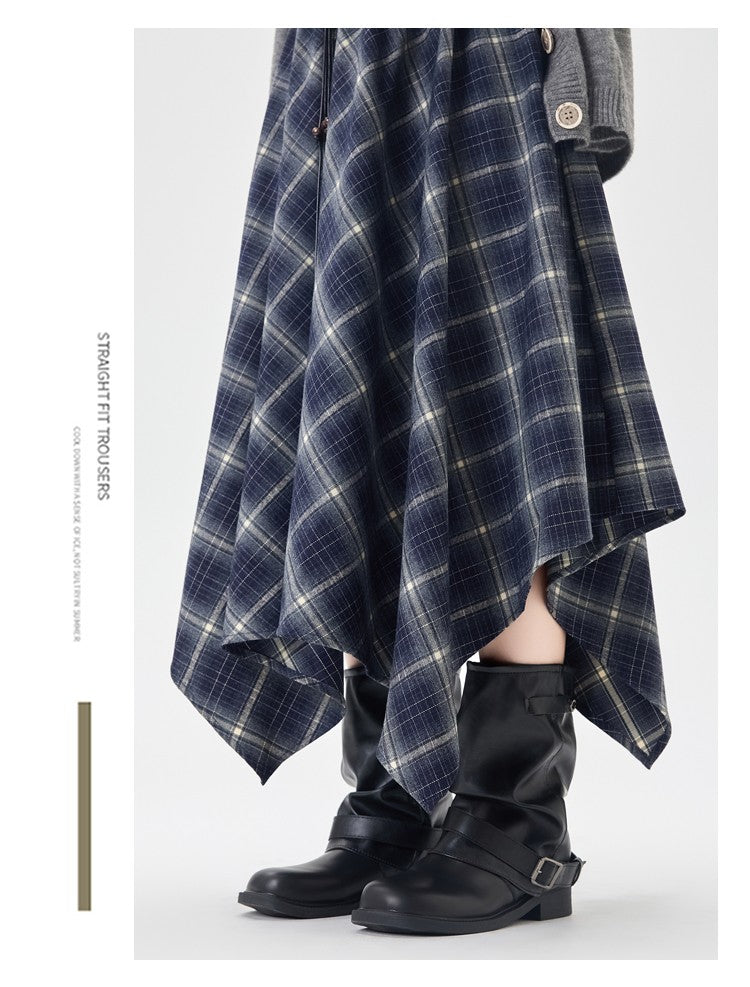 Women Skirt Plaid High Waisted Elastic A Line Mid Length Korean Style Fashion Retro Versatile Irregular Autumn Skirt