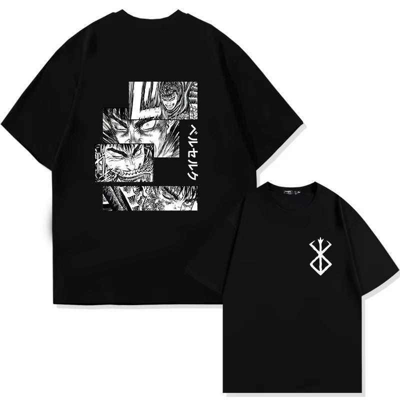 Japan Anime Berserk T-Shirt Guts Print Graphic Tee Men's 90s Summer Short Sleeve Casual Manga Dark Fantasy Black Swordsman Style