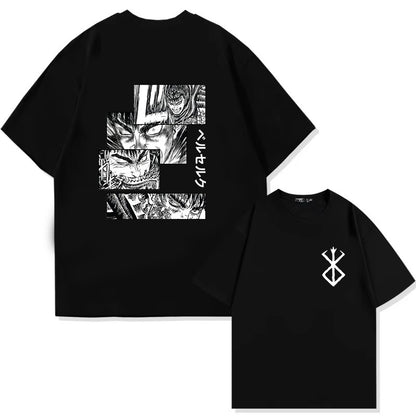 Japan Anime Berserk T-Shirt Guts Print Graphic Tee Men's 90s Summer Short Sleeve Casual Manga Dark Fantasy Black Swordsman Style