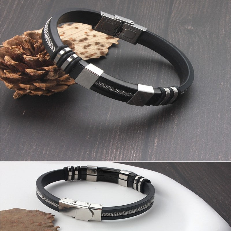 Pulseira Masculina de Couro, Silicone e Aço Inoxidável Esportiva Corrente de Mão Acessórios de Joias Presente Masculino