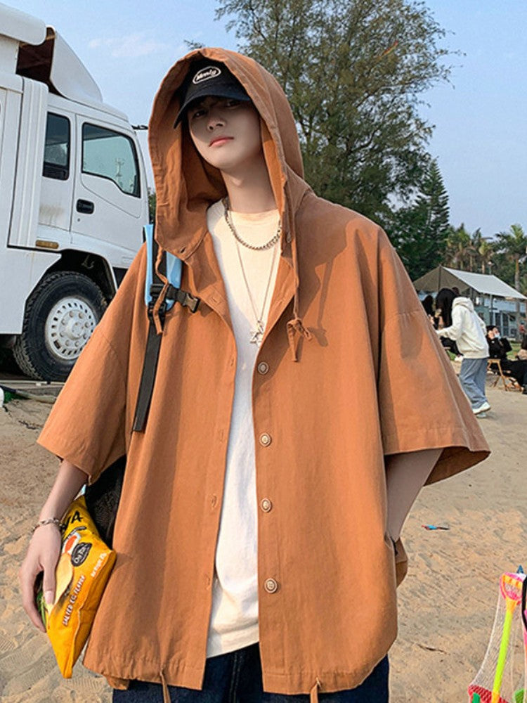 Gmiixder Hooded Short-sleeved Shirts for Men Women Japan Summer Trend Cityboy Solid Blouse Unisex Cargo Button Up Shirt Jacket