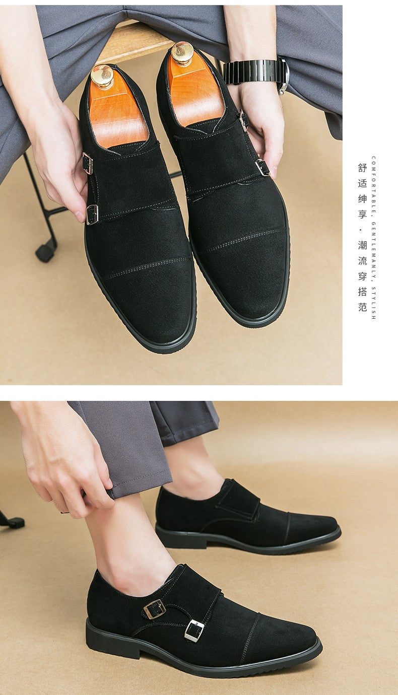 New Brown Loafers Flock Double Buckle Monk Shoes Black Square Toe Slip-On Business Men Dress Shoes Size 38-46 Free Shipping