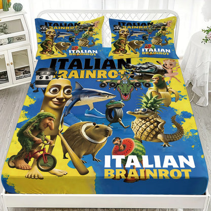 Cartoon ai Brainrot Tung Tung Sahur Team Fitted Sheet Print coreless Fitted Sheet Set Soft Bedspread Bedroom Bedding Decoration