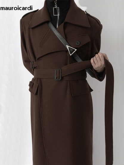 Mauroicardi Autumn Winter Cool Elegant Long Warm Black Woolen Trench Coat Men Belt Luxury Designer Clothes Wool Blends Overcoat