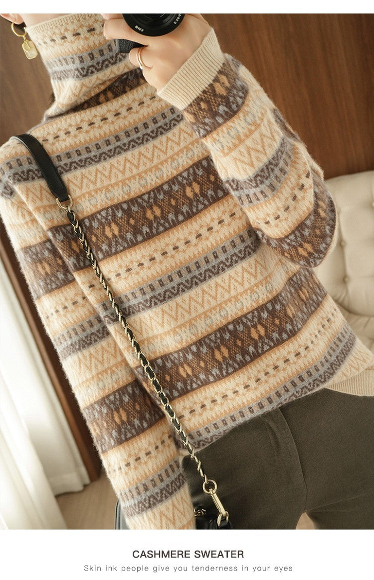 Autumn and Winter New 100% Wool Cashmere Sweater Women's High Neck Pullover Casual Knitted Loose Korean Fashion Color Block Top