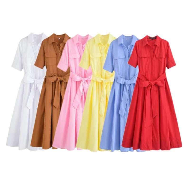 HipSeam Women Dress With Belt Spring Pocket Lady Dress Button Midi Dress Casual