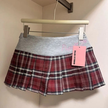 American Retro Spicy Girl Plaid Half Skirt Women Summer New Embroidery Patchwork Fashion High Waist Pleated Short Skirt