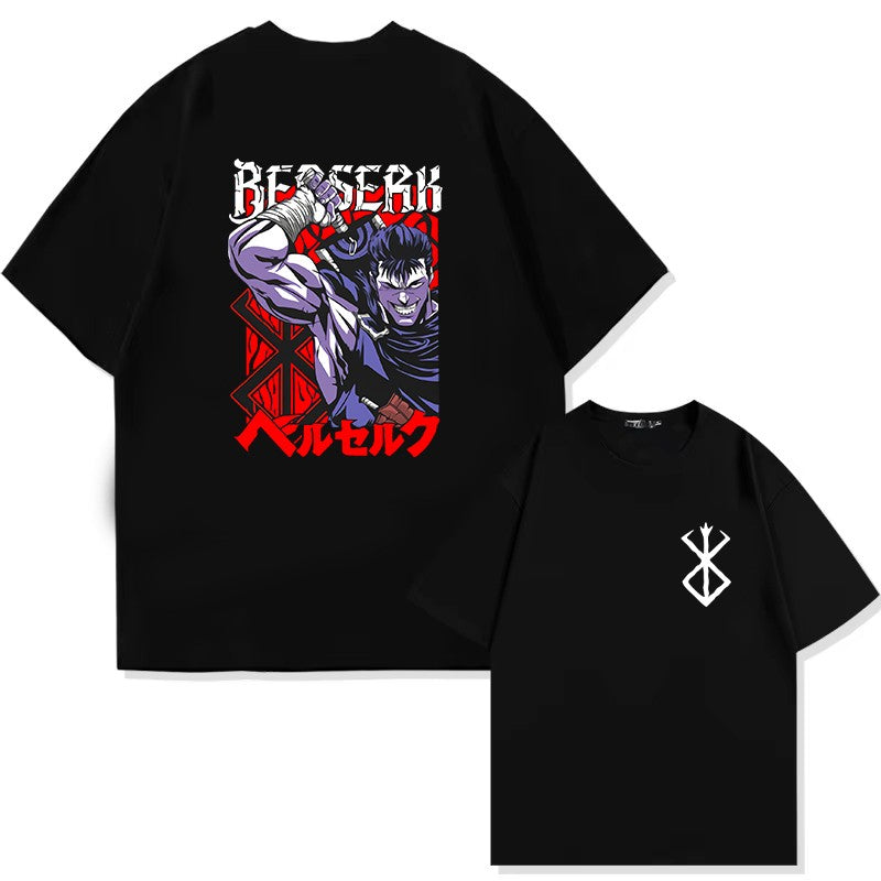 Japan Anime Berserk T-Shirt Guts Print Graphic Tee Men's 90s Summer Short Sleeve Casual Manga Dark Fantasy Black Swordsman Style