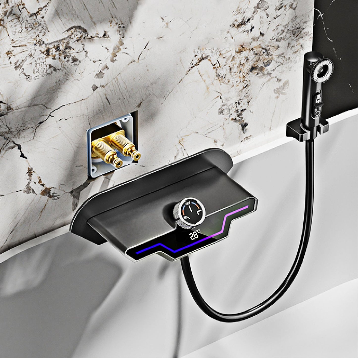 Luxury black brass wall mounted thermostatic bathroom faucet with LED digital display design, embedded hot and cold bathtub Tap