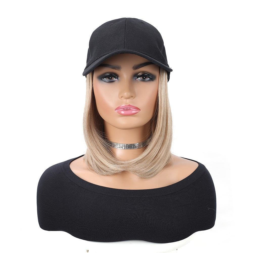 Boné de Beisebol com Extensões de Cabelo Sintético Cabelo Liso Curto Bob Chapéu Peruca Ajustável Removível 25 cm para Mulher Menina