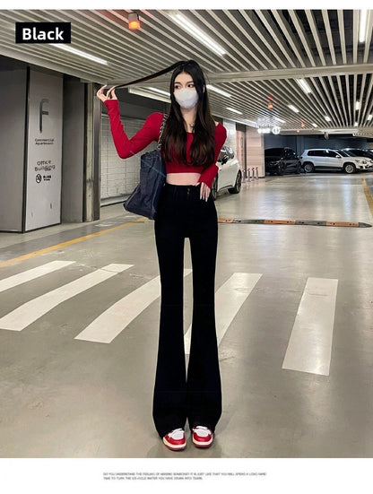 High Waist Fce Lined Thiened Autumn Winter American Bla ey Micro Flared Jeans Women Slimming Legging  Hoof Pants