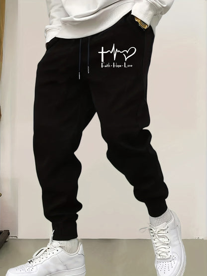 Calças de moletom masculinas com bolso estampadas "Faith Hope Love Electrocardiogram Love", calças longas macias básicas Y2K, cintura elástica