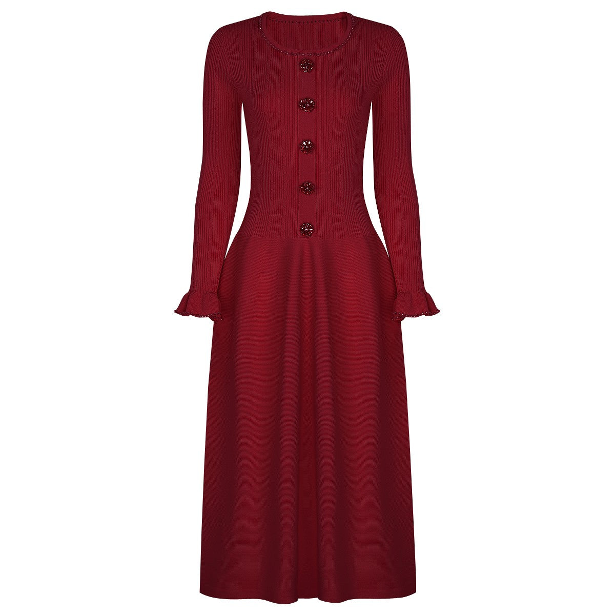 High Quality Spring And Autumn New Fashion Knitted Heavy Industry Pearl Slim Fit And Slimming Round Neck Long Sleeved Dress