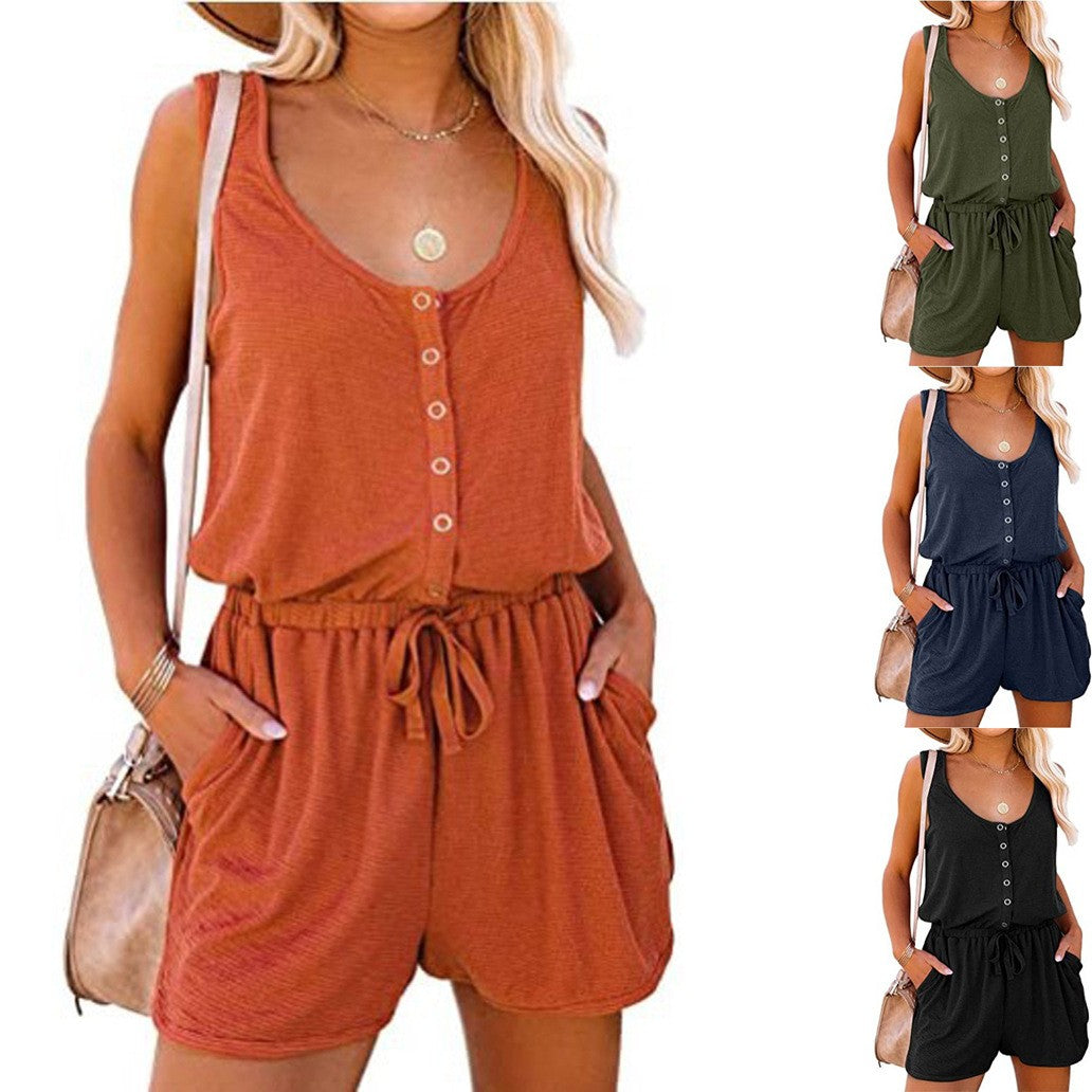 European and American women's summer cross-border new sleeveless jumpsuit waist casual loose wide leg shorts