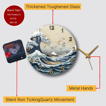 Tempered Glass Wall Clock Great Wave Mount Fuji Cranes Suitable For Wall Decor or Tabletop Display Anywhere