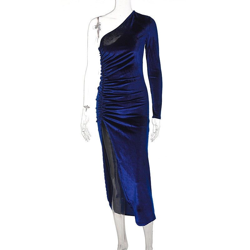 Women Elegant Long Sleeve Party Evening Velvet Bodycon Split Pencil Midi Dress S