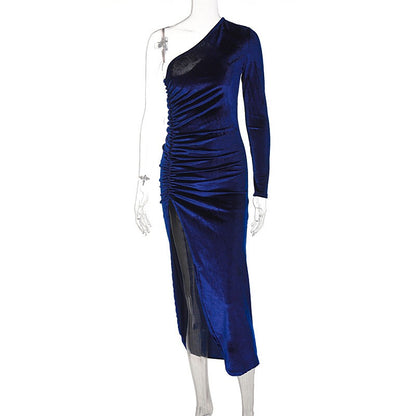 Women Elegant Long Sleeve Party Evening Velvet Bodycon Split Pencil Midi Dress S