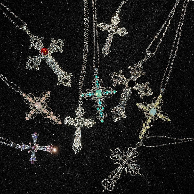 Gothic Big Zircon Cross Necklace Unisex Y2K Irregular Goth Large Cross Pendant Necklaces  for Men Women Couple Necklace Jewelry