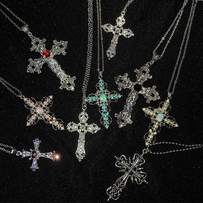 Gothic Big Zircon Cross Necklace Unisex Y2K Irregular Goth Large Cross Pendant Necklaces  for Men Women Couple Necklace Jewelry