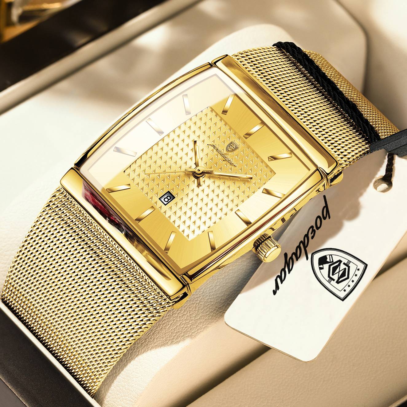 POEDAGAR Top Luxury Men Watch Stainless Steel Mesh Date Waterproof Luminous Man Wristwatch Casual Rectangle Quartz Men's Watches