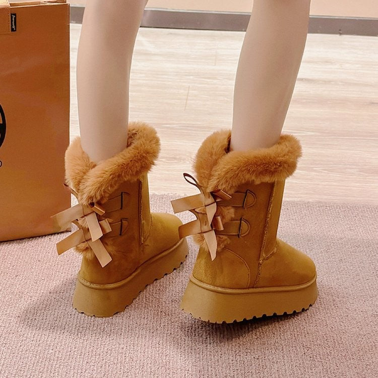 2024 Winter New Thick-soled Mid-tube Snow Boots Bow Furry Mouth Plus Fluffy Thick Cotton Boots Casual Everything