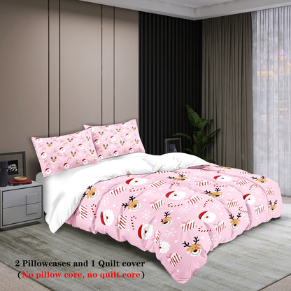 3-piece Christmas themed pink Santa Claus print (1 duvet cover+2 pillowcases, no core) soft and comfortable bedding set