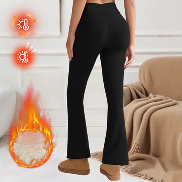 Women's Fleece-Lined Flare Pant Cross-Waist Design Thickened Winter Warm High-Waisted Tummy Control Lifting Leggings Casual Wear