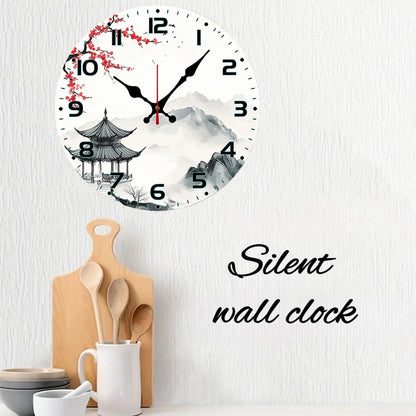 Chinese Landscape Wooden Round Silent Hanging Wall Clock, Suitable For Living Room, Office, Study Room, Bedroom, Home Decoration