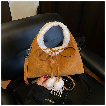 Faux Suede Solid Color Bow Hairy Cute Women's Handbags Christmas Gift Giving Fashion Bags 2025 Autumn/winter New Shoulder Bags