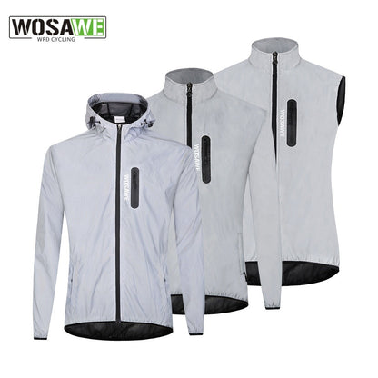 WOSAWE Full Reflective Jacket with Hoodie High Visibility Waterproof Wind Breaker Men Women Hiking Cycling Running Safety Vest